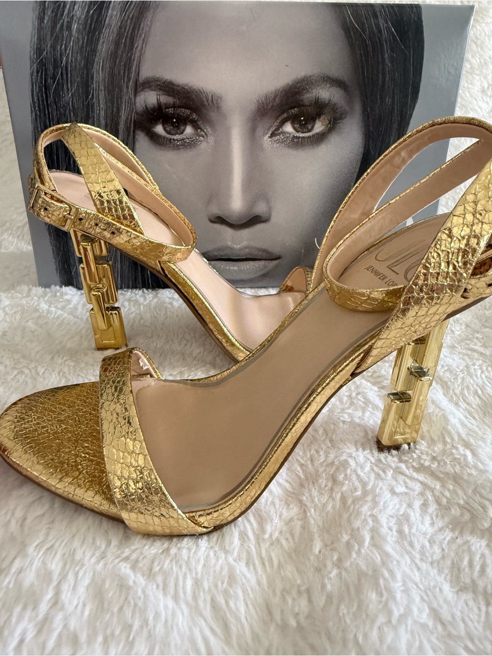 Jennifer Lopez Metallic Gold Textured Block-Heel Sandals